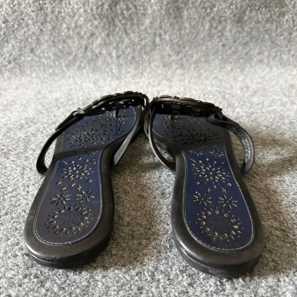 Tory Burch Miller Scalloped Blue Black Thong Sandals Slip-On Flat Cut-Out 10 M